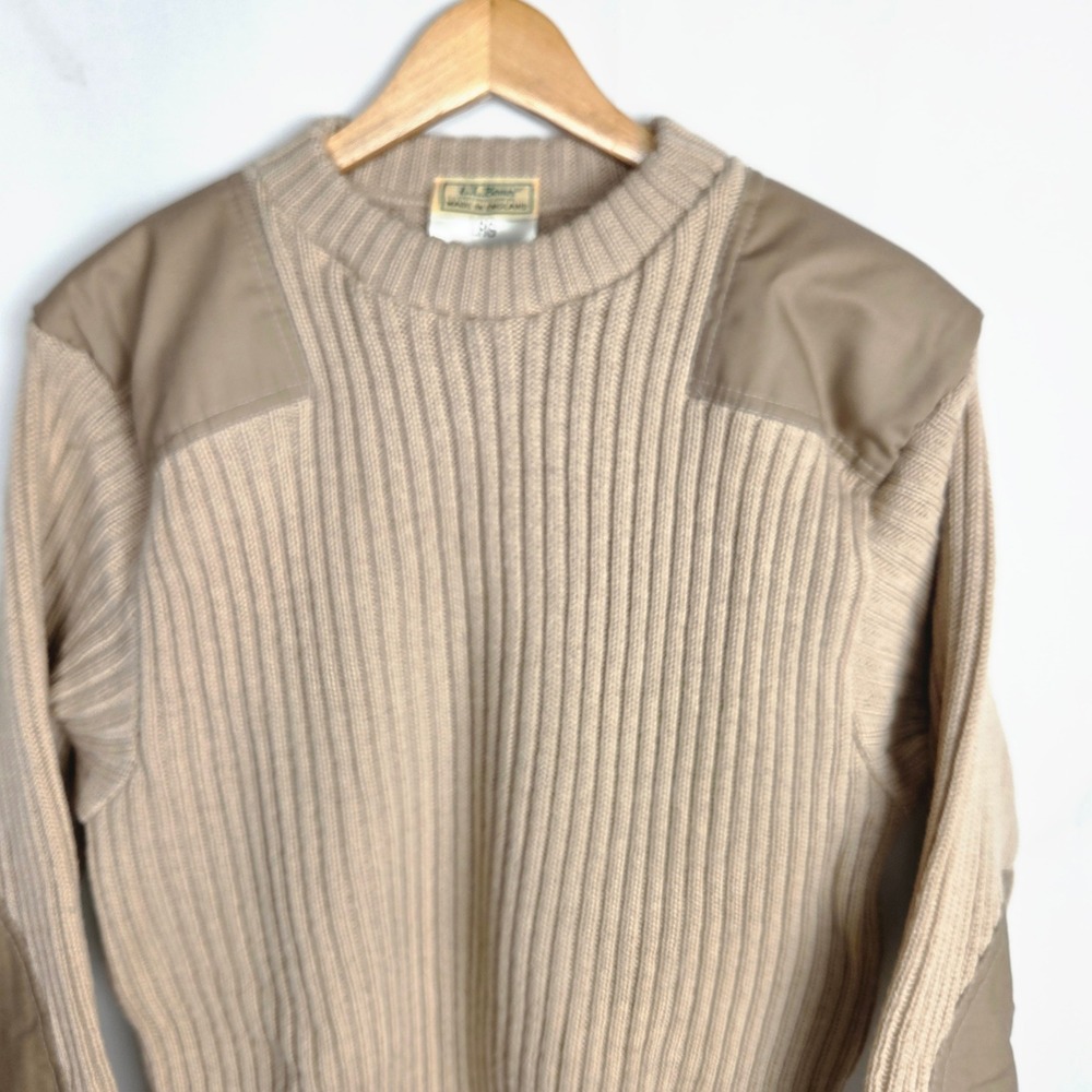 LL Bean Commando Vintage 80s Sweater Large Tan Wool From England Patches Preppy - Picture 2 of 9